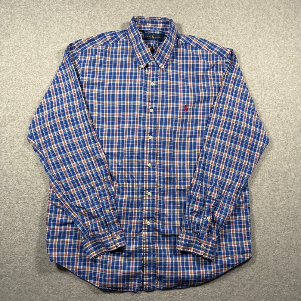 Ralph Lauren Button Down Shirt Mens XXL Blue Plaid Long Sleeve Cotton Pony Logo